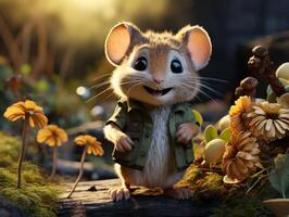 AI generated Little mouse in the autumn forest. photo