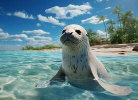 AI generated Seal in the water on a background of palm trees and blue sky photo