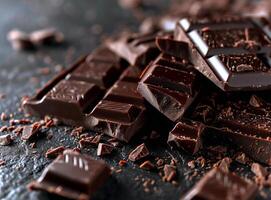 AI generated Pieces of dark chocolate on table closeup Food background photo