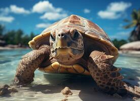 AI generated Flying cute little Turtle character on blue sky background. photo