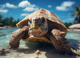 ai generado volador linda pequeño Tortuga personaje en azul cielo antecedentes. foto