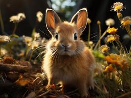 ai generado linda pequeño Conejo en el jardín a puesta de sol cerca arriba foto