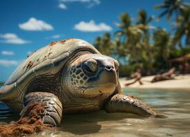 AI generated Flying cute little Turtle character on blue sky background. photo