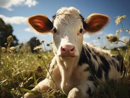 Cute little calf in the meadow on a sunny day. photo