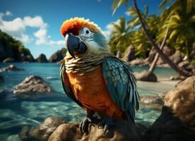 AI generated Parrot on the beach with palm trees and blue sky background. photo