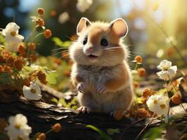 Hamster sits on a branch in the grass in a meadow photo