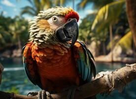 AI generated Parrot on the beach with palm trees and blue sky background. photo