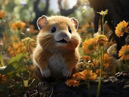 Hamster sits on a branch in the grass in a meadow photo