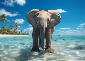 AI generated Elephant in the water on a background of palm trees and blue sky photo