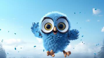 AI generated Flying cute little owl character on blue sky background. photo