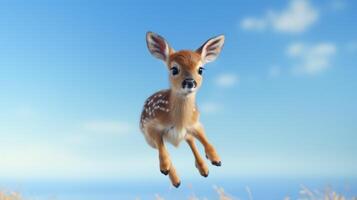 AI generated Flying cute little deer character on blue sky background. photo