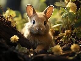 Cute little rabbit sitting in the grass on a sunny day. photo