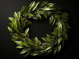 AI generated Nature wreath with green leaves and olives on black background photo