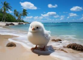 AI generated Cute little white chick on the beach with palm trees in the background photo