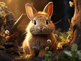 AI generated Cute little rabbit in the garden at sunset close up photo