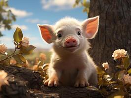 Little piglet in the grass on a background of the blue sky photo