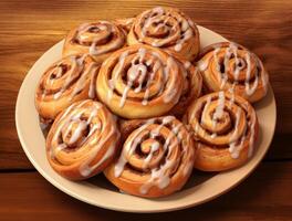 AI generated Freshly baked cinnamon rolls on rustic kitchen photo