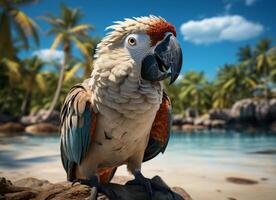 AI generated Parrot on the beach with palm trees and blue sky background. photo