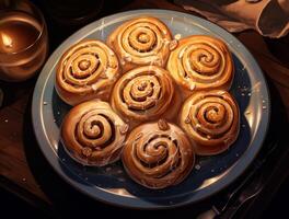 AI generated Freshly baked cinnamon rolls on rustic kitchen photo