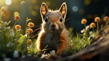 AI generated Red squirrel sitting on a log in the forest photo