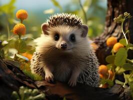 ai generado linda erizo en el bosque en un antecedentes de otoño hojas foto