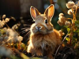 AI generated Cute little rabbit in the garden at sunset close up photo