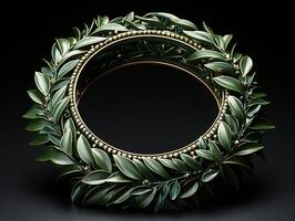 AI generated Christmas wreath with green leaves on black background photo