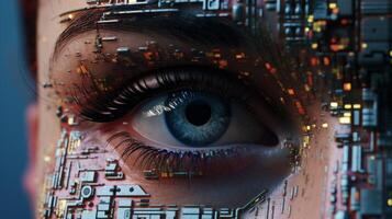 AI generated Artificial intelligence concept. Close up of human eye with circuit board. photo