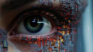 AI generated Artificial intelligence concept. Close up of human eye with circuit board. photo