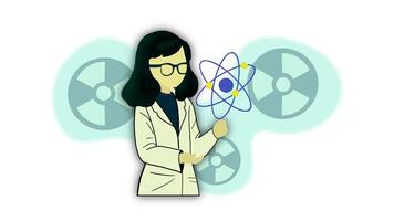 scientist woman lifting atom molecule, Woman in science set or female scientist in laboratory tiny person collection, Female chemist in lab goggles contemplating a molecular structure, Atom molecule video