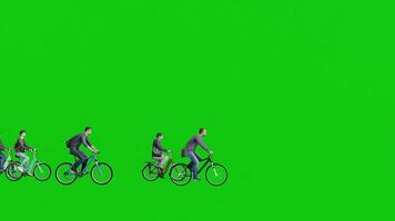 grupp av 3d människor ridning cyklar i sida se på grön skärm video