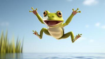 AI generated Flying cute little frog character on blue sky background. photo