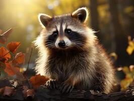 Portrait of a raccoon in the autumn forest. photo