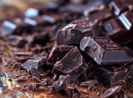 ai generado piezas de oscuro chocolate en mesa de cerca comida antecedentes foto