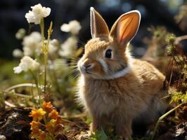 Cute little rabbit sitting in the grass on a sunny day. photo