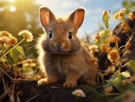 Cute little rabbit sitting in the grass on a sunny day. photo