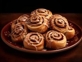AI generated Freshly baked cinnamon rolls on rustic kitchen photo
