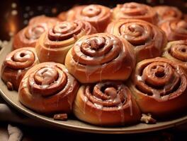AI generated Freshly baked cinnamon rolls on rustic kitchen photo