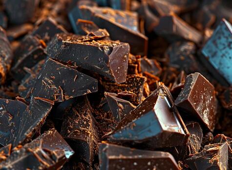 AI generated Pieces of dark chocolate on table closeup Food background photo