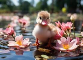 ai generado pequeño anadón nadando en un lago con rosado agua lirios foto