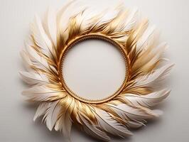 AI generated Beautiful golden and white feathers on a white background. photo