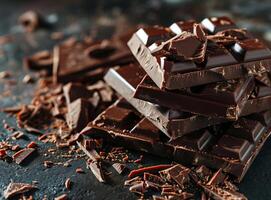 AI generated Pieces of dark chocolate on table closeup Food background photo