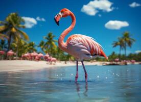 AI generated Pink flamingo standing in the water on a beautiful tropical beach. photo