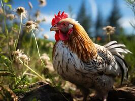 AI generated Chicken in the meadow on a background of wildflowers photo