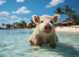 AI generated Cute pig swimming in tropical sea, summer vacation concept. photo