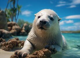 AI generated Seal in the water on a background of palm trees and blue sky photo