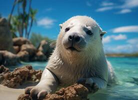 AI generated Seal in the water on a background of palm trees and blue sky photo