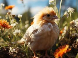 ai generado pollo en el prado en un antecedentes de flores silvestres foto