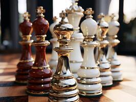 AI generated Chess on a chessboard, business concept of success and leadership photo