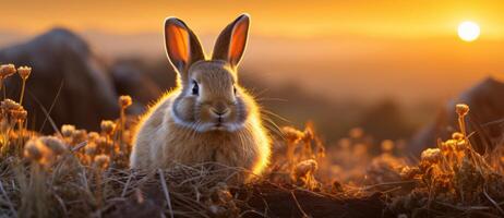 AI generated Cute little rabbit in the garden at sunset close up photo